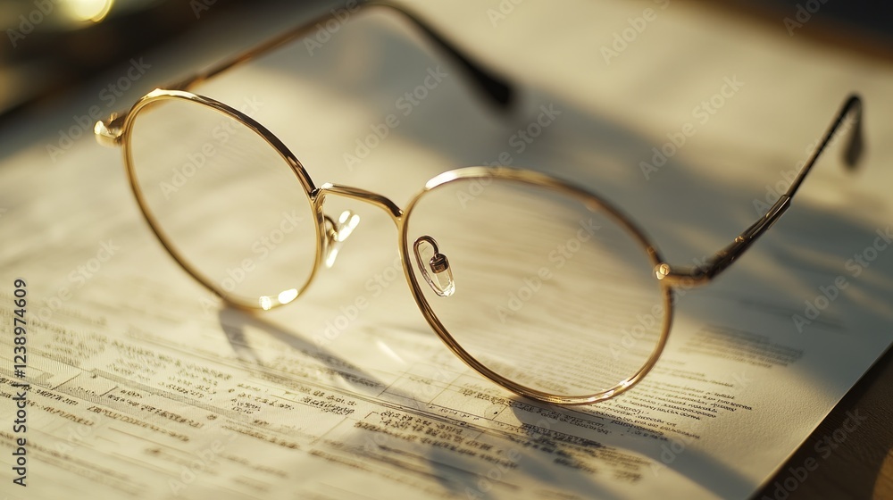 Golden Hour Spectacles with A Close-Up of Round Glasses Resting on Documents Golden Hour Spectacles with A Close-Up of Round Glasses Resting on Documents
