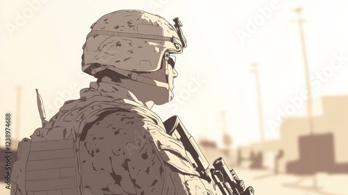 Soldier guarding base, desert background, warzone photo