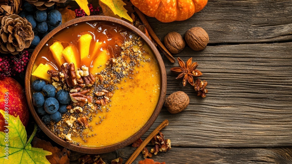 Autumn Bowl of Smooth Pumpkin Puree with Fruit, Nuts, and Colorful Fall Decor Autumn Bowl of Smooth Pumpkin Puree with Fruit, Nuts, and Colorful Fall Decor