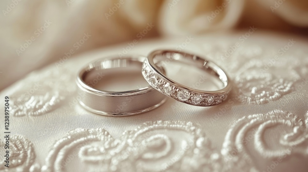 A pair of diamond wedding bands resting on a satin cushion with elegant floral details in the background, perfect for a wedding invitation. A pair of diamond wedding bands resting on a satin cushion with elegant floral details in the background, perfect for a wedding invitation.
