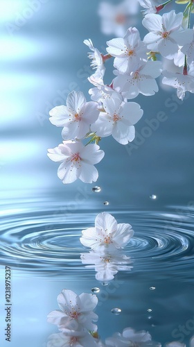 Delicate cherry blossoms reflecting in tranquil water surface