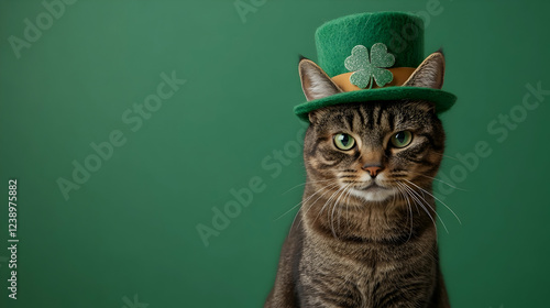 St. Patrick's Day Cat Portrait: Festive Pet in Green Hat Photography, blank green background, space for text