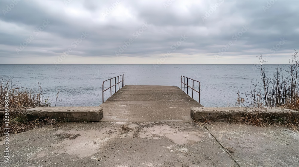 Naklejka premium Empty pier overlooking a vast, calm sea under heavy gray clouds, evoking isolation