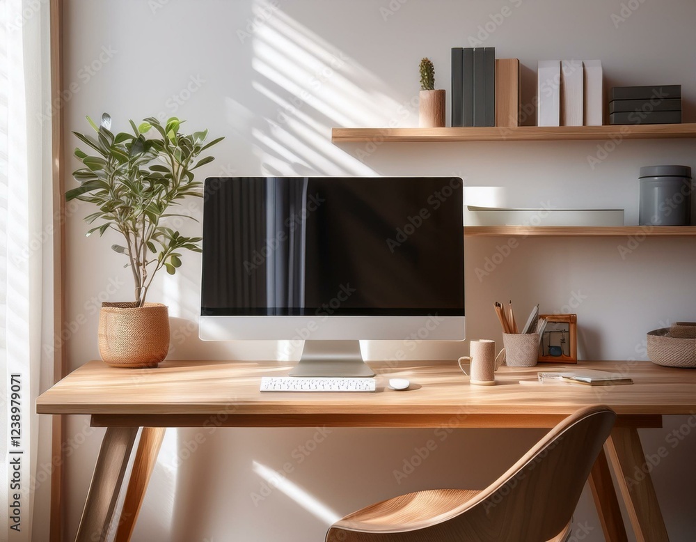 Fototapeta premium minimalistic home office with modern desktop computer wooden desk bookshelf natural light