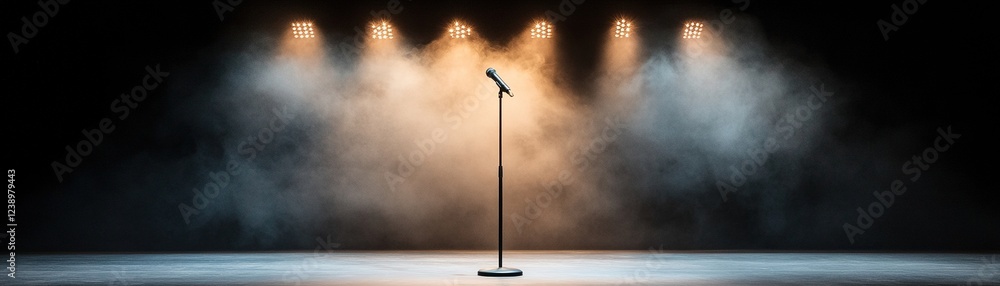 A microphone stand sits alone at the center of the stage, illuminated by gentle overhead lights. The dim atmosphere and soft shadows create a feeling of intimacy and anticipation for what is to come A microphone stand sits alone at the center of the stage, illuminated by gentle overhead lights. The dim atmosphere and soft shadows create a feeling of intimacy and anticipation for what is to come