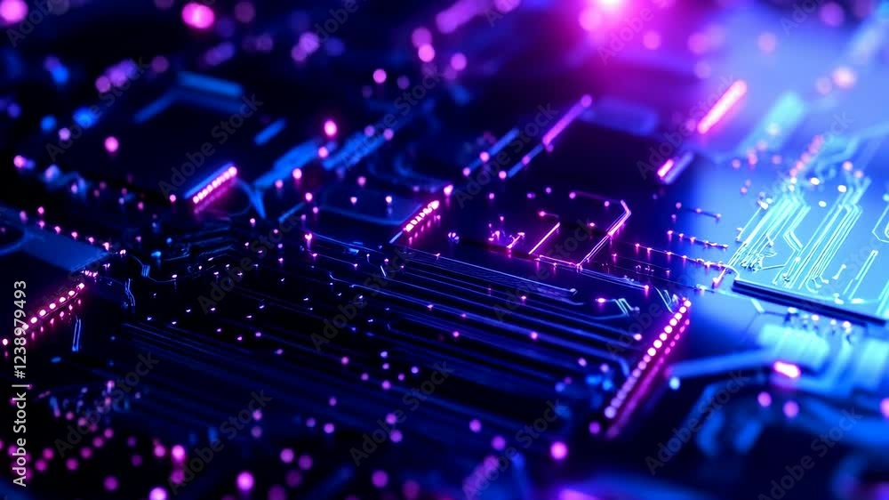 Computer chip with purple and blue lights is displayed. The image is of a computer chip with purple and blue lights, creating a vibrant and futuristic look Computer chip with purple and blue lights is displayed. The image is of a computer chip with purple and blue lights, creating a vibrant and futuristic look