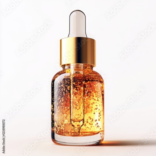 A glass dropper bottle filled with shimmering golden oil, featuring a sleek gold cap, ideal for skincare or cosmetic applications. photo