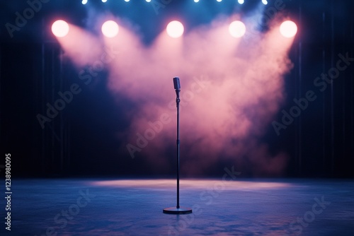 A solitary microphone stand sits center stage under soft, dim overhead lights. Shadows envelop the area, enhancing the intimate and anticipatory vibe of the performance space photo