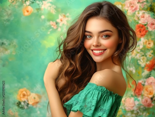 woman smiling with floral backdrop