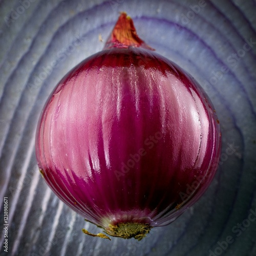 red onion, fresh, vibrant, close-up, high-resolution, detailed texture, natural, glossy skin, sliced, whole, organic, kitchen ingredient, cooking, aromatic, layers, purple hue, soft lighting, realisti photo