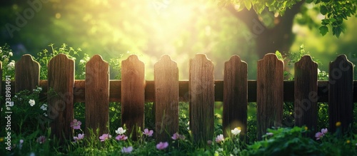 Wooden fence in lush green garden with blooming flowers and sunlight filtering through trees, Copy Space photo