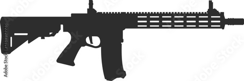 Silhouette of an AR 15 assault rifle in black, a semi-automatic rifle in the stock version with a mechanical sight.