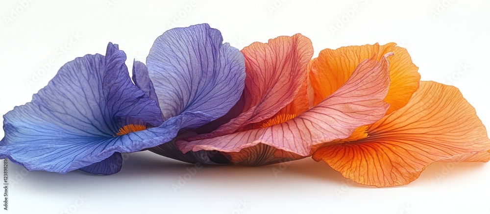Fototapeta premium Vibrant colorful flower petals in blue purple pink and orange tones on a white background with Copy Space