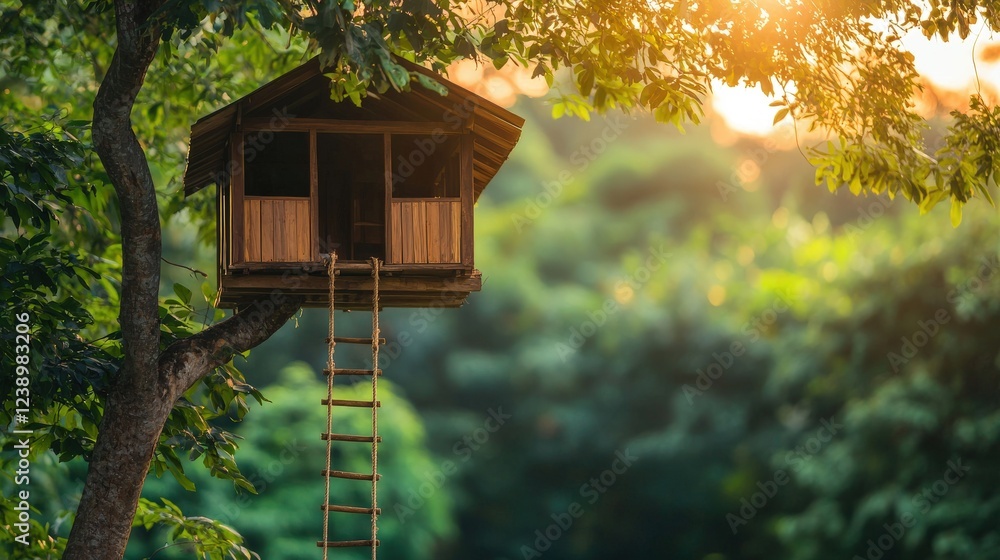 Charming Treehouse with Rope Ladder Surrounded by Lush Greenery and Scattered Toys on a Sunny Day Charming Treehouse with Rope Ladder Surrounded by Lush Greenery and Scattered Toys on a Sunny Day