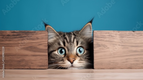 A cat peeking out from the side of the box to explain the 