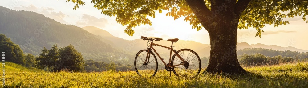 Obraz premium Scenic View of Two Bicycles Leaning Against Tree in Beautiful Natural Landscape with Mountains and Sunset