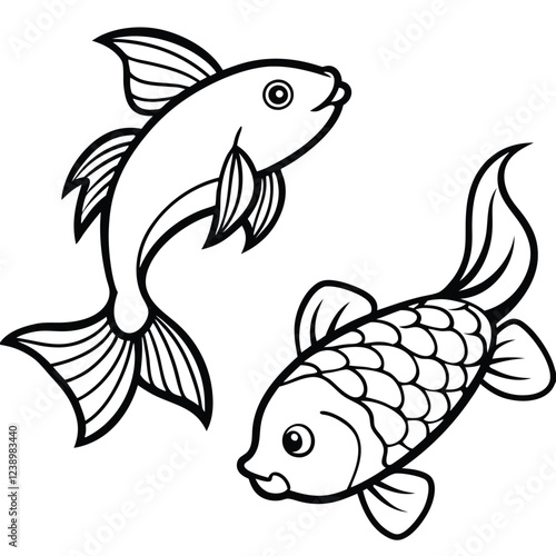 Koi fish isolated on a white background in a vector image.Adorable red koi fish swimming with their fins extended underwater.Drawing in black and white for kids to learn how to color based on the imag