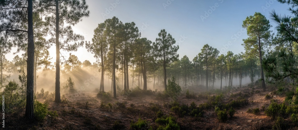 Foggy forest landscape with pine trees at sunrise and soft light rays, panoramic view with natural scenery, Copy Space. Foggy forest landscape with pine trees at sunrise and soft light rays, panoramic view with natural scenery, Copy Space.