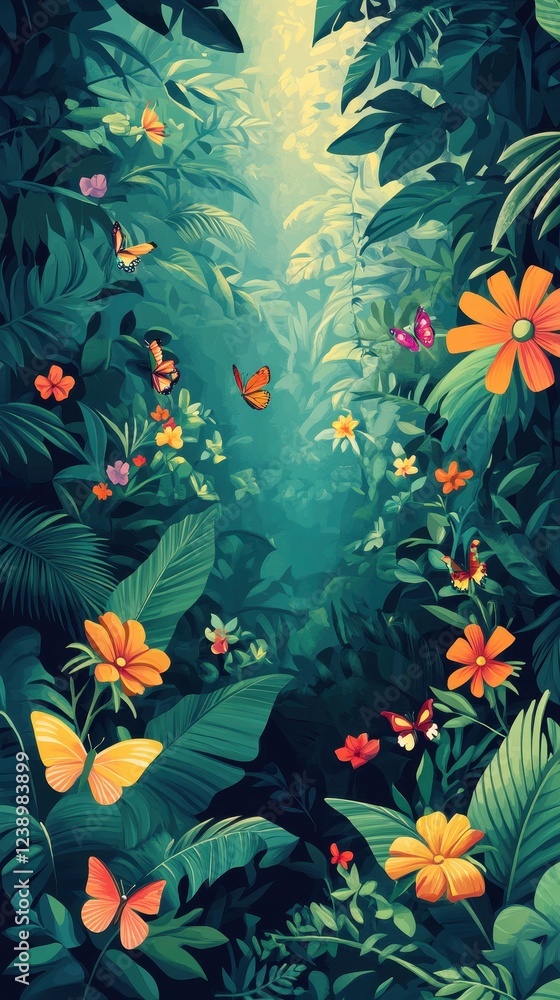 Lush Tropical Rainforest Scene With Butterflies And Flowers Lush Tropical Rainforest Scene With Butterflies And Flowers