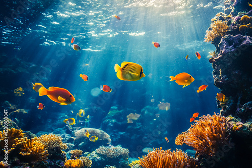 Underwater scene with vibrant yellow fish swimming through coral reefs, with sunlight streaming through the water, symbolizing the beauty of marine life and ocean ecosystems