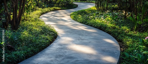 Winding concrete pathway through lush green foliage in a tranquil garden setting with soft sunlight filtering through trees Copy Space photo