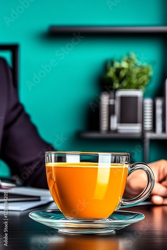 man drinking coffee at office desk