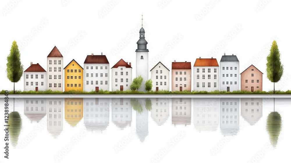Colorful Cityscape with Reflection in Water and Charming Houses Under Clear Sky Colorful Cityscape with Reflection in Water and Charming Houses Under Clear Sky