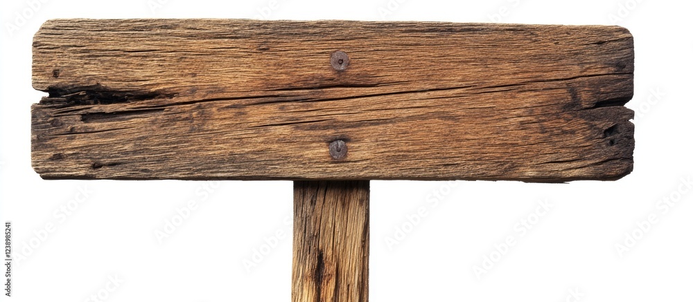 Weathered wooden sign on a post with nails isolated on a white background ideal for adding text Copy Space Weathered wooden sign on a post with nails isolated on a white background ideal for adding text Copy Space