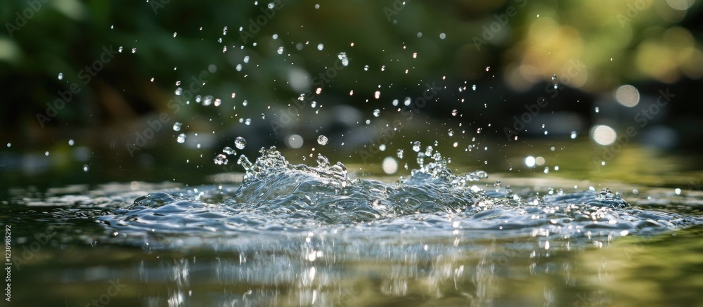 Water splash with droplets on the surface of a calm pond surrounded by green foliage Copy Space Water splash with droplets on the surface of a calm pond surrounded by green foliage Copy Space