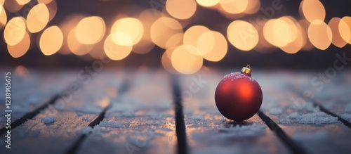 Red Christmas bauble on wooden surface with snow and blurred warm lights in background creating festive atmosphere Copy Space photo