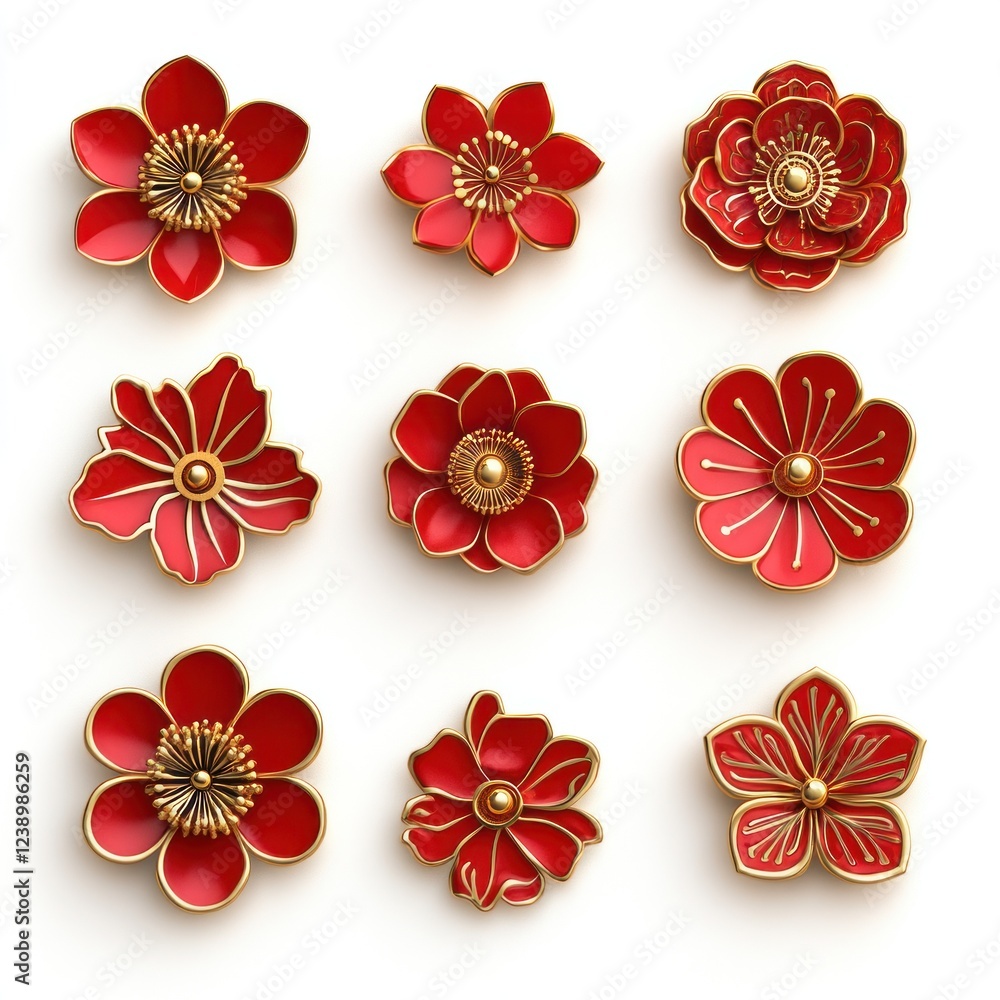 Nine red and gold flowers on white. Nine red and gold flowers on white.