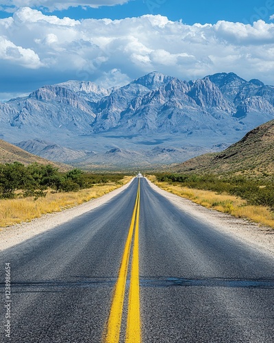 Long straight road leads to majestic mountains under a cloudy blue sky in a desert landscape