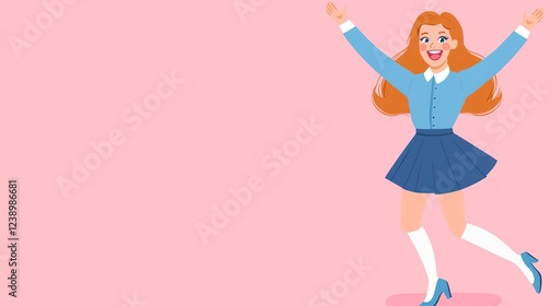 Happy girl jumping, pink background, celebration, joy, website banner