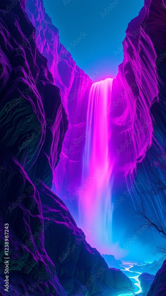 Vibrant Neon Waterfall in a Canyon � Dynamic Glow Background Vibrant Neon Waterfall in a Canyon � Dynamic Glow Background