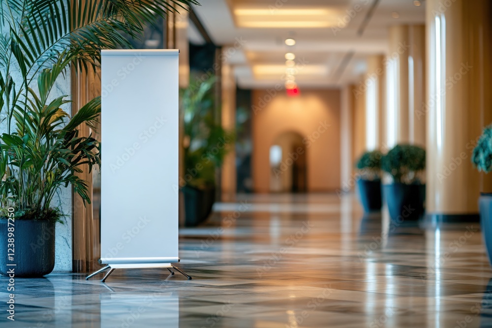 Blank white banner stands in modern lobby with plants and marble floor for advertising use