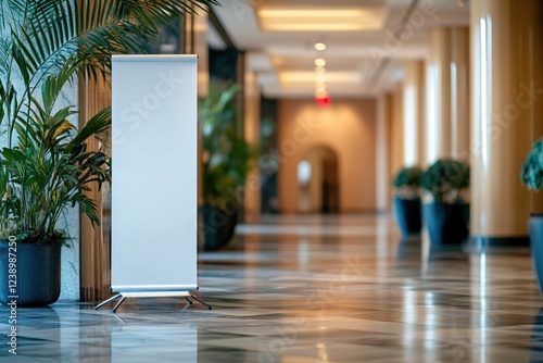 Obraz na płótnie Blank white banner stands in modern lobby with plants and marble floor for advertising use w salonie