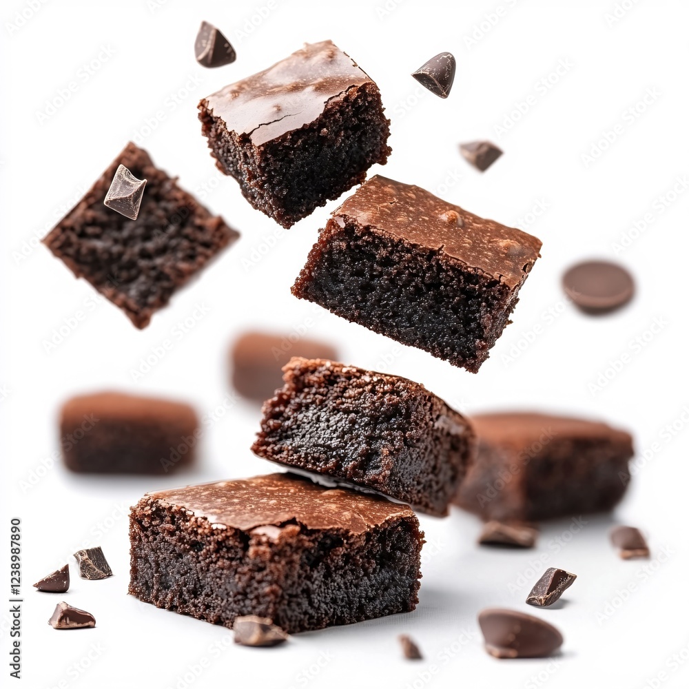 Chocolate brownies floating with chocolate pieces on a white background food photography Chocolate brownies floating with chocolate pieces on a white background food photography