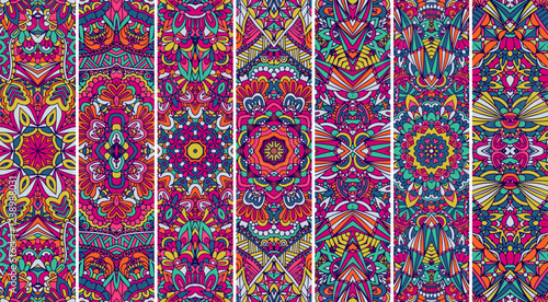 Collection of creative doodle pattern with ethnic mexican style print. Vector ethnic banner set with color psychedelic print design. Mandala art.