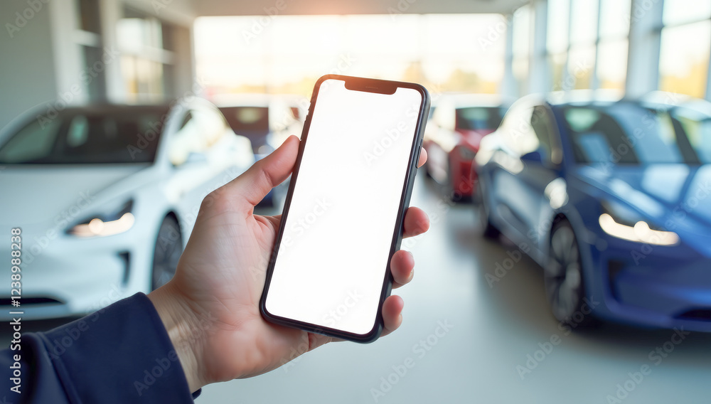 in his hand is a phone with a white screen against the background of new cars in his hand is a phone with a white screen against the background of new cars