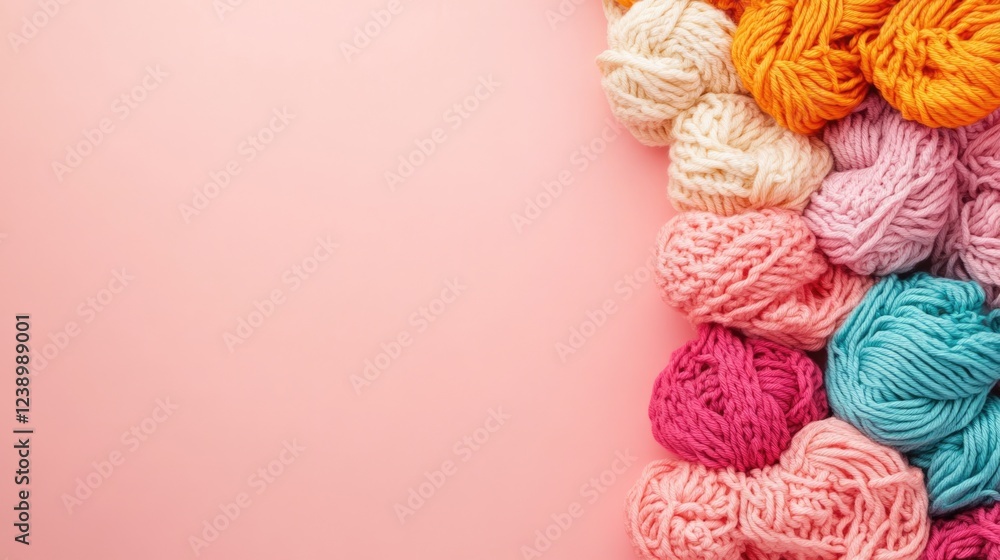 Colorful yarn balls in various shades arranged on a pink background with ample copy space for text insertion Colorful yarn balls in various shades arranged on a pink background with ample copy space for text insertion