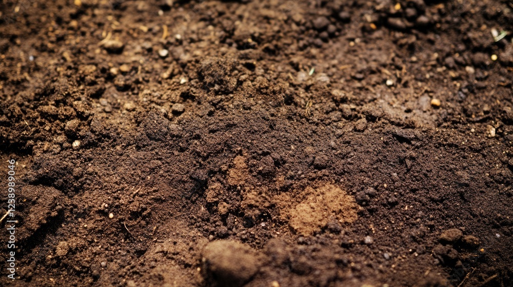 Close-up view of rich dark soil texture with small pebbles and organic matter natural background Copy Space Close-up view of rich dark soil texture with small pebbles and organic matter natural background Copy Space