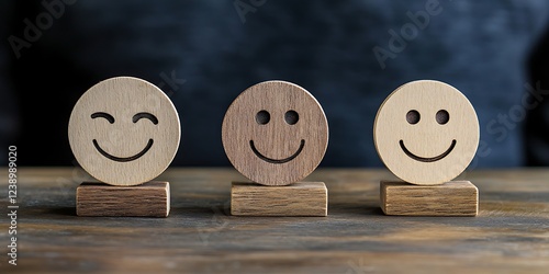 Satisfaction survey concept Hand of business chooses a smile face on wood block circle others block have other faces with different satisfactions expression from happy photo