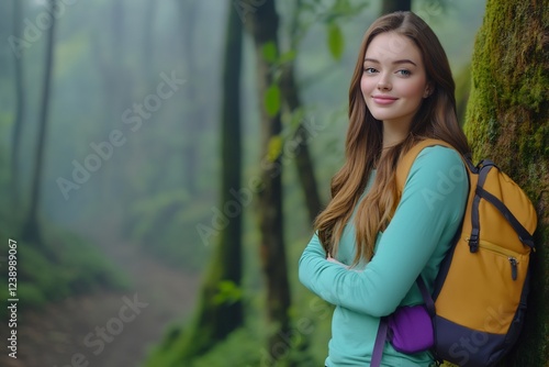 woman leaning on tree in peaceful forest