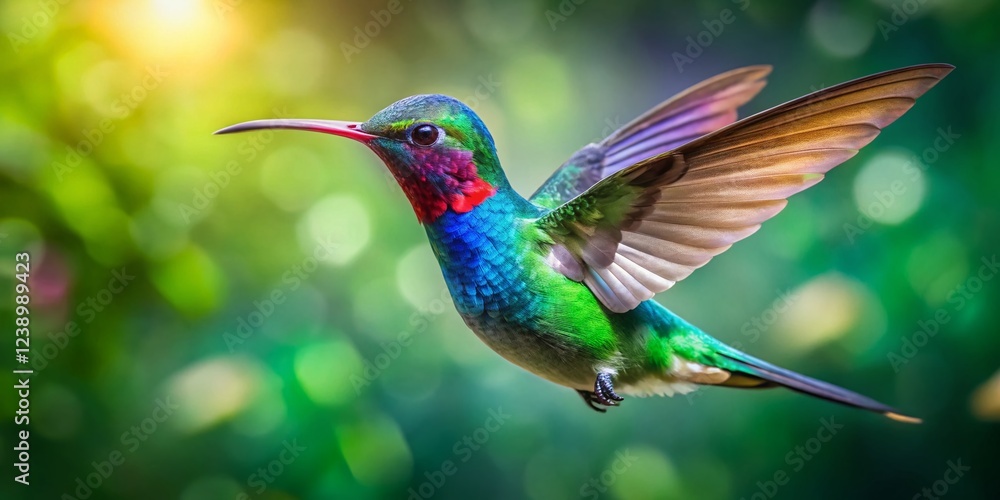 Fototapeta premium Iridescent Hummingbird Hovering, Vibrant Jewel-toned Feathers, Nature Wildlife Photography