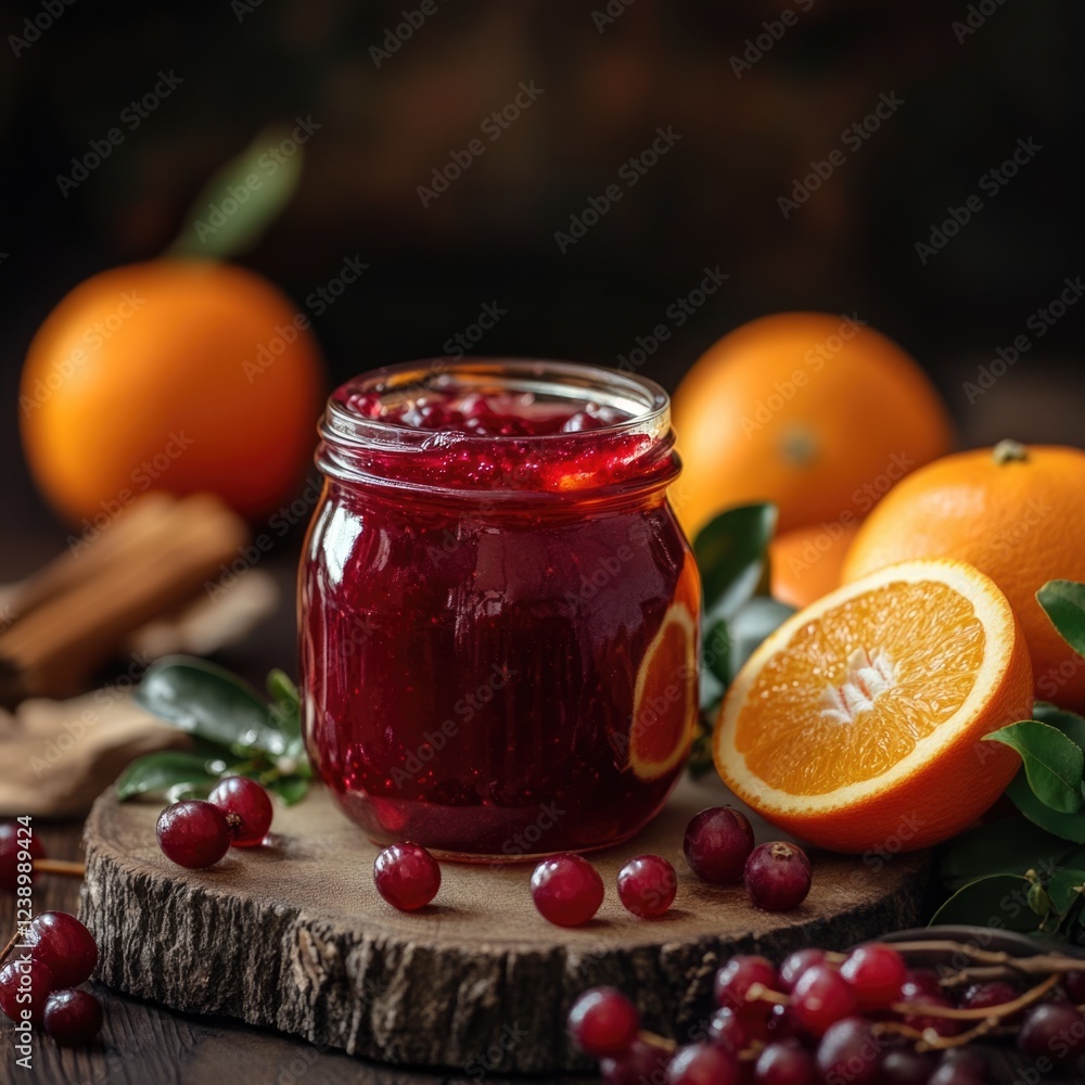 Homemade cherry orange jam in a glass jar surrounded by fresh oranges and cranberries on a wooden surface with copy space Homemade cherry orange jam in a glass jar surrounded by fresh oranges and cranberries on a wooden surface with copy space