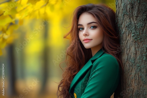 woman leaning on tree in peaceful forest