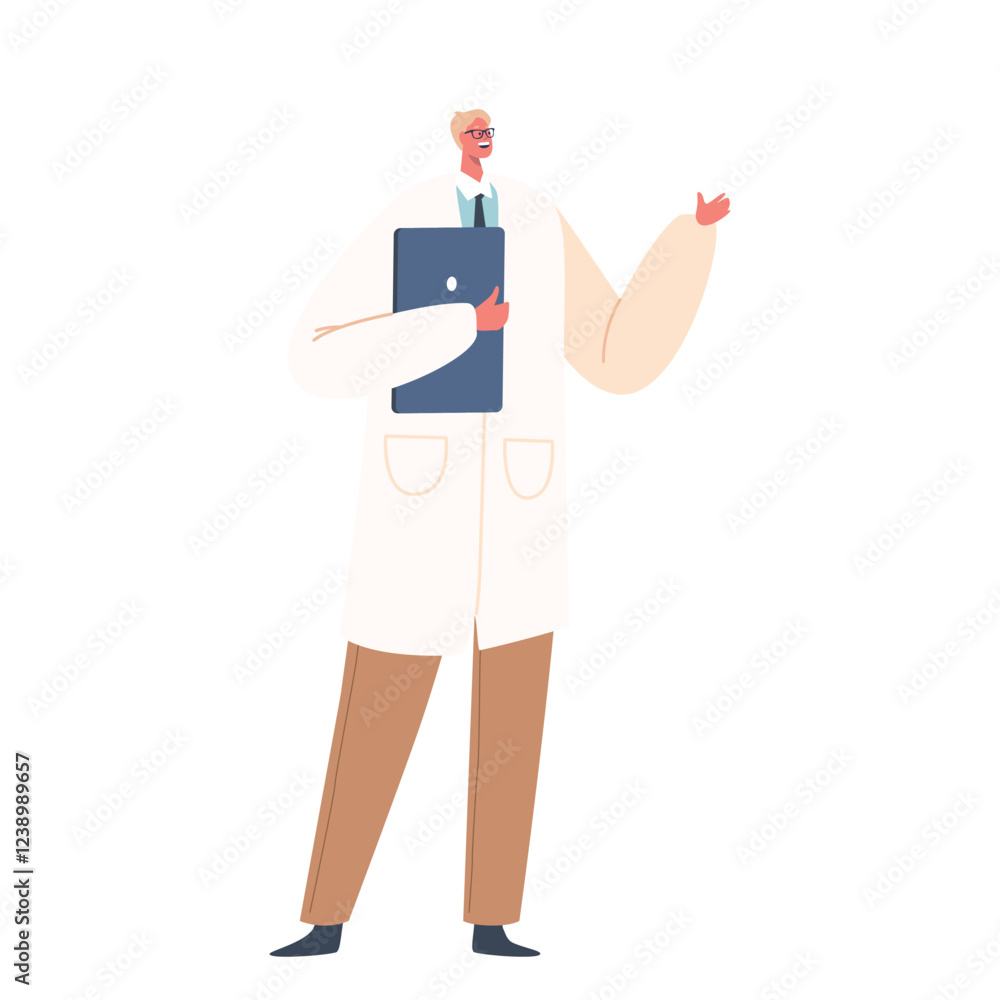Doctor Man Wear White Medic Robe And Trousers Speaking And Gesturing With Clipboard In Hand During Medical Report Doctor Man Wear White Medic Robe And Trousers Speaking And Gesturing With Clipboard In Hand During Medical Report
