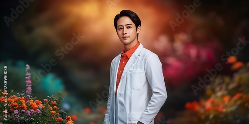 asian man in lush garden with blooming flowers