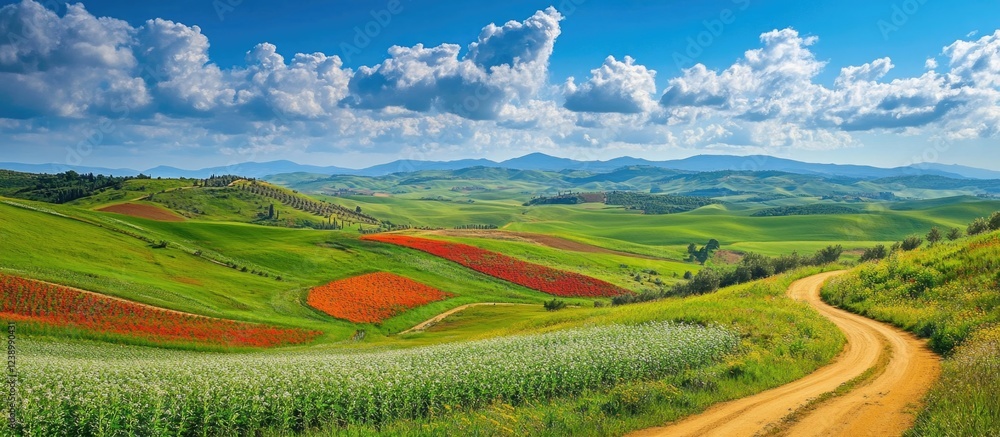 Fototapeta premium Panoramic view of vibrant green and red fields under a blue sky with clouds and a dirt road, Copy Space for text placement