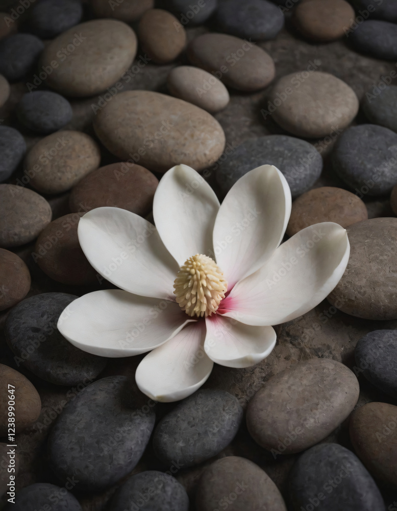 Fototapeta premium Magnolia petal on rough stone surface, emphasizing texture contrast
